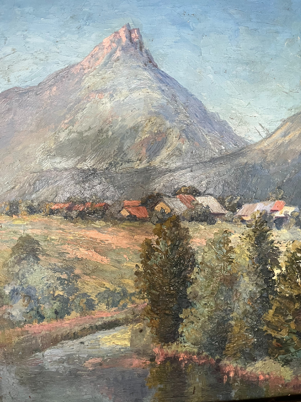 Close up of oil painted alpine village scene