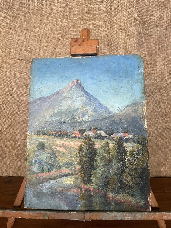 Oil on board French alpine village scene