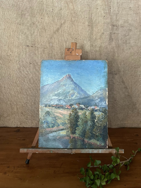 Oil on board French alpine village scene on a wooden easel