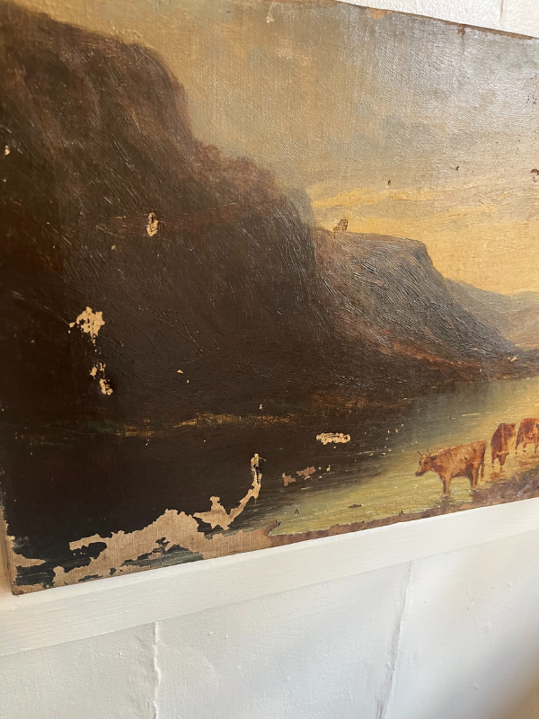 Oil painting by Tomas Morris Ash 'On the Conway' with cattle drinking from a stream in the foreground. Close view showing damage to canvas