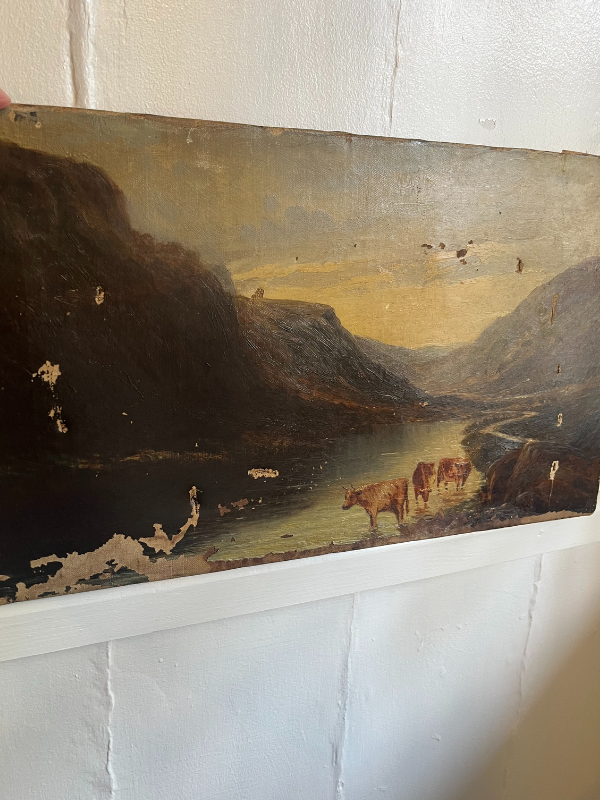 Oil painting by Tomas Morris Ash 'On the Conway' with cattle drinking from a stream in the foreground