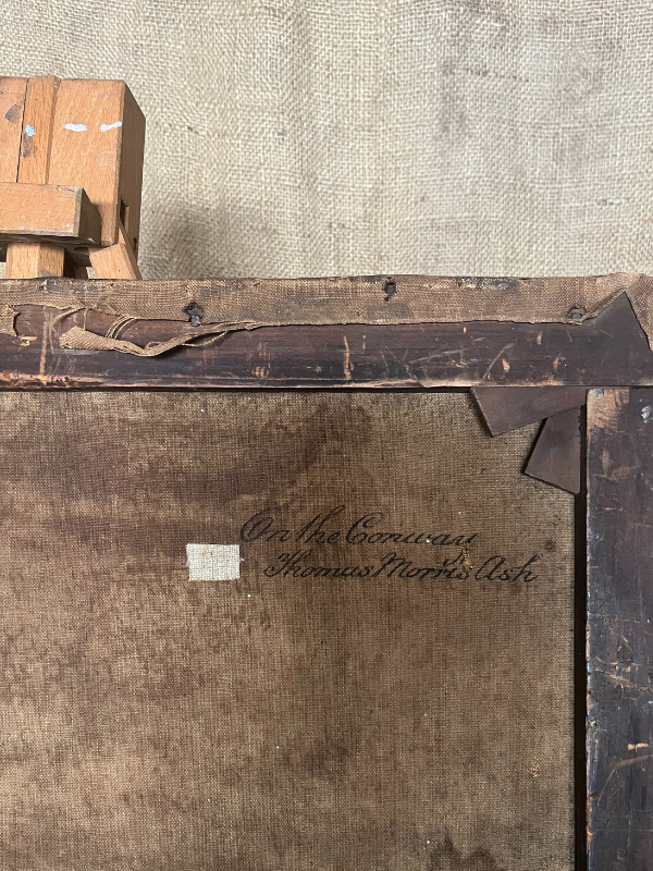 Rear view of Thomas Morris Ash oil painting showing title On The Conway