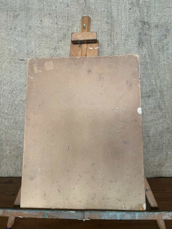 Reverse view of alpine oil on board painting