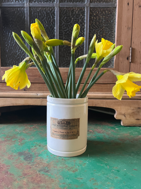 White French Vaseline pot with daffodils