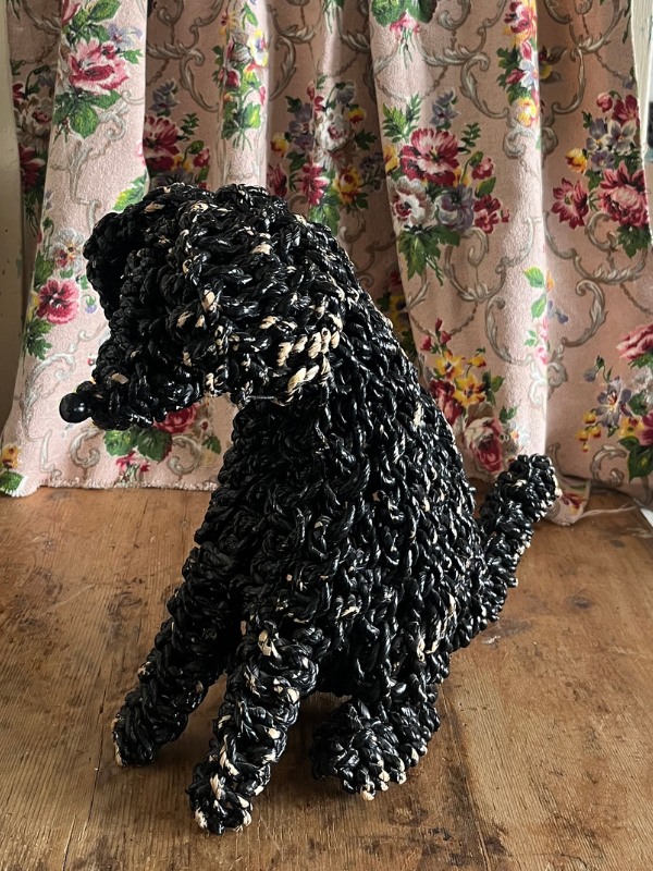 Left hand side of a black rope poodle dog on a wooden table with a floral fabric background