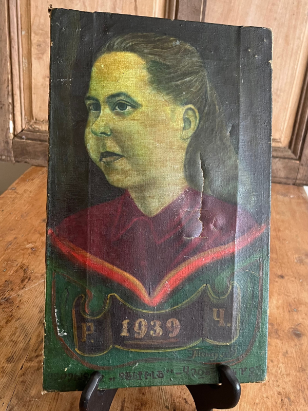 Oil on canvas USSR 1939 portrait of an unknown girl in shades of green & red on an easel