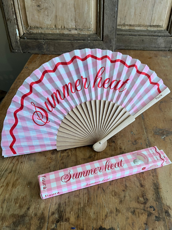 Summer Heat pink gingham fan with box
