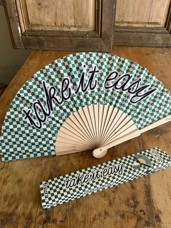 Take it Easy green gingham fan with box