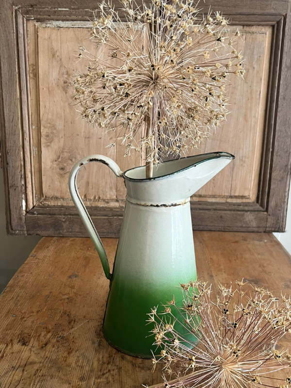 Two tone grenn & white enamel jug with dried allium seed heads